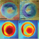 Sediment-filled craters on Mars (top) in different stages of erosion compared with results of a crater model in wind-tunnel experiment (bottom). Warm colors indicate high elevation, cool colors low elevation. Image: Mackenzie Day.